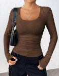 Zeagoo Basic Long Sleeves Shirts for Women 2024 Summer Fall Tops Square Neck Tshirts Tight Skims Crop Top Brown