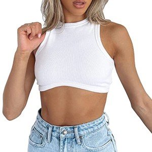 AirMood Womens Sexy Rib Knit Cropped Cami Tops Ribbed Basic Sleeveless Crop Tank Camisole (White,Medium)
