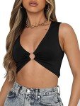 AEVZIV Women's Sexy Crop Tops Leeveless Deep V Neck Workout Tops Plunge Ring Cleavage Cropped Tank Top M Medium Black