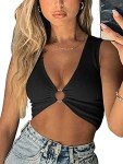 AEVZIV Women's Sexy Crop Tops Leeveless Deep V Neck Workout Tops Plunge Ring Cleavage Cropped Tank Top M Medium Black