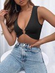 AEVZIV Women's Sexy Crop Tops Leeveless Deep V Neck Workout Tops Plunge Ring Cleavage Cropped Tank Top M Medium Black