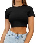 Suncife Womens Sexy Crop Summer Tee Tops Short Sleeve Casual Slim Fited Cropped Tshirt (Black,Small)