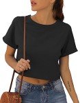 CHICALLURE Women's Short Sleeve Crop Tshirts Summer Round Neck Casual Tops Loose Fit Tee Blouse(Solid Black,M)