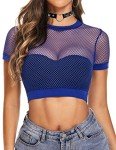 Avidlove Fishnet Crop Top Women See Through Tops Sexy Pullover Slim-Fit T-Shirt Blue, L