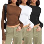 AUTOMET Womens Long Sleeve Shirt Basic Crop Tops Fall Fashion Underscrubs Layer Slim Fit Winter Clothes, Black,white,brown, Medium