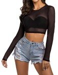 Avidlove Women's See Through Crop Top long sleeve Mesh Black Top Sheer Shirt Black M