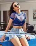 Avidlove Fishnet Crop Top Women See Through Tops Sexy Pullover Slim-Fit T-Shirt Blue, L