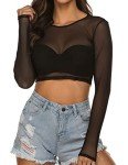 Avidlove Women's See Through Crop Top long sleeve Mesh Black Top Sheer Shirt Black M