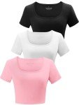 Yeawinta 3 Pack Crop Tops for Women Workout T Shirts Cropped Short Sleeve Tshirts Fitted Cotton Basic Tees CuteYoga Top Gym Clothes Black/White/Pink S