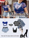 Avidlove Fishnet Crop Top Women See Through Tops Sexy Pullover Slim-Fit T-Shirt Blue, L