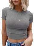 Kovbin Basics Tight Shirts Womens Crop Tops Slim Fit Skim Dupe Cute Crewneck Baby Tees Skinny Aesthetic T-Shirts Grey M
