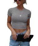 Kovbin Basics Tight Shirts Womens Crop Tops Slim Fit Skim Dupe Cute Crewneck Baby Tees Skinny Aesthetic T-Shirts Grey M