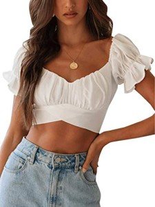 Avanova Women's Short Sleeve Ruffle Off Shoulder Tie Up Back Crop Blouse Top White Medium, White, Medium