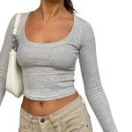 ABINGOO Women Low Cut Scoop Neck Crop Top Long Sleeve Slim Fit Shirts Sexy Cutout Top Retro Y2k Blouse Top Streetwear Gray Scoop Neck M