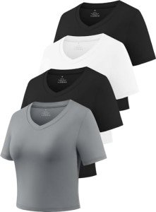 Cosy Pyro Crop Workout T Shirt for Women Short Sleeve Cropped Top Slim Fitted Tees Dry Fit Shirts Black/White/Black/Gray XL