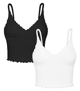 Sunzel Tank Top for Women, V Neck Cropped Seamless Ribbed Sports Bra with Ruffles for Workout Yoga Lounge (Black&White M-L)