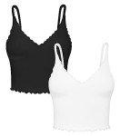 Sunzel Tank Top for Women, V Neck Cropped Seamless Ribbed Sports Bra with Ruffles for Workout Yoga Lounge (Black&White M-L)