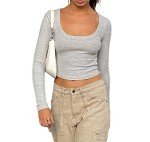 ABINGOO Women Low Cut Scoop Neck Crop Top Long Sleeve Slim Fit Shirts Sexy Cutout Top Retro Y2k Blouse Top Streetwear Gray Scoop Neck M