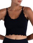 Sunzel Tank Top for Women, V Neck Cropped Seamless Ribbed Sports Bra with Ruffles for Workout Yoga Lounge (Black&White M-L)