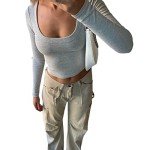 ABINGOO Women Low Cut Scoop Neck Crop Top Long Sleeve Slim Fit Shirts Sexy Cutout Top Retro Y2k Blouse Top Streetwear Gray Scoop Neck M