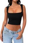 Meyeeka Women's Sleeveless Crop top Seamless Square Neck Trendy Tank top, Black, Small