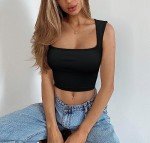 Meyeeka Women's Sleeveless Crop top Seamless Square Neck Trendy Tank top, Black, Small