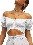 Avanova Women's Short Sleeve Ruffle Off Shoulder Tie Up Back Crop Blouse Top White Medium, White, Medium