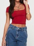 Bovldemt Women's Crop Tops Cap Sleeve Scoop Neck Shirt Workout Slim Fit T-Shirt 2024 Summer Basic Going Out Tops(Red, M)