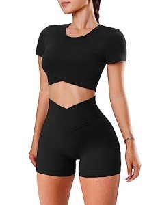 OZICERD 2 Piece Workout Sets for Women Gym Set Outfit Crop Top Shorts Track Suit Ensemble 2 Piece Sport Femme Yoga Set Black S