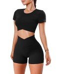 OZICERD 2 Piece Workout Sets for Women Gym Set Outfit Crop Top Shorts Track Suit Ensemble 2 Piece Sport Femme Yoga Set Black S