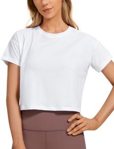 CRZ YOGA Women's Pima Cotton Workout Short Sleeve Shirts Loose Crop Tops Athletic Gym Shirt Casual Cropped T-Shirt White Medium