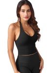YEOREO Women's Halter Crop Top V Neck Workout Going Out Tank Top Hazel Padded Sleeveless Backless Trendy Summer Camisole Black Small