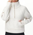 Dragon Fit Women's Half Zippe Sweatshirts High Neck Collar Pullover with Pockets Long Sleeve Crop Tops Thumb Hole Heather White