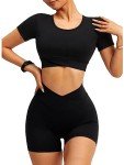 OZICERD 2 Piece Workout Sets for Women Gym Set Outfit Crop Top Shorts Track Suit Ensemble 2 Piece Sport Femme Yoga Set Black S