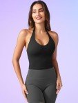 YEOREO Women's Halter Crop Top V Neck Workout Going Out Tank Top Hazel Padded Sleeveless Backless Trendy Summer Camisole Black Small