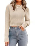 Zeagoo Women's Fall Crewneck Cropped Sweater 2024 Trendy Soft Ribbed Knit Long Sleeve Pullover Jumper Tops Beige