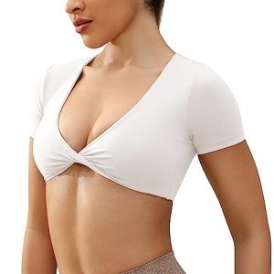 YEOREO Kyla Workout Crop Tops for Women Short Sleeve Twist Front Crop Tank Top Padded Sports Bra Casual Shirts Milk White S
