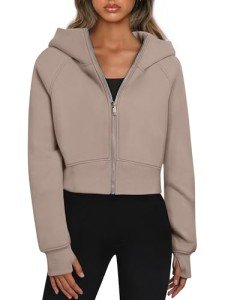 Women's Oversized Hoodie Zipper Crop Top Jackets Thumb Hole Long Sleeve Outfit Sweatshirts Light Brown