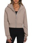 Women's Oversized Hoodie Zipper Crop Top Jackets Thumb Hole Long Sleeve Outfit Sweatshirts Light Brown
