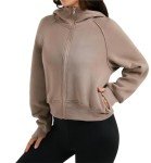 Women's Oversized Hoodie Zipper Crop Top Jackets Thumb Hole Long Sleeve Outfit Sweatshirts Light Brown