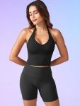 YEOREO Women's Halter Crop Top V Neck Workout Going Out Tank Top Hazel Padded Sleeveless Backless Trendy Summer Camisole Black Small