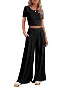 Ekouaer Women's 2 Piece Lounge Sets Short Sleeve Pajama Set Ribbed Knit Crop Top Wide Leg Pants Loungewear,Black,S