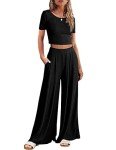 Ekouaer Women's 2 Piece Lounge Sets Short Sleeve Pajama Set Ribbed Knit Crop Top Wide Leg Pants Loungewear,Black,S