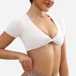 YEOREO Kyla Workout Crop Tops for Women Short Sleeve Twist Front Crop Tank Top Padded Sports Bra Casual Shirts Milk White S