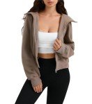 Women's Oversized Hoodie Zipper Crop Top Jackets Thumb Hole Long Sleeve Outfit Sweatshirts Light Brown