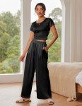 Ekouaer Women's 2 Piece Lounge Sets Short Sleeve Pajama Set Ribbed Knit Crop Top Wide Leg Pants Loungewear,Black,S