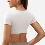YEOREO Kyla Workout Crop Tops for Women Short Sleeve Twist Front Crop Tank Top Padded Sports Bra Casual Shirts Milk White S