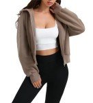 Women's Oversized Hoodie Zipper Crop Top Jackets Thumb Hole Long Sleeve Outfit Sweatshirts Light Brown