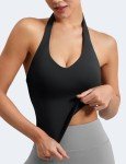 YEOREO Women's Halter Crop Top V Neck Workout Going Out Tank Top Hazel Padded Sleeveless Backless Trendy Summer Camisole Black Small