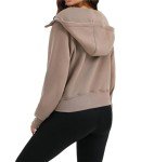Women's Oversized Hoodie Zipper Crop Top Jackets Thumb Hole Long Sleeve Outfit Sweatshirts Light Brown